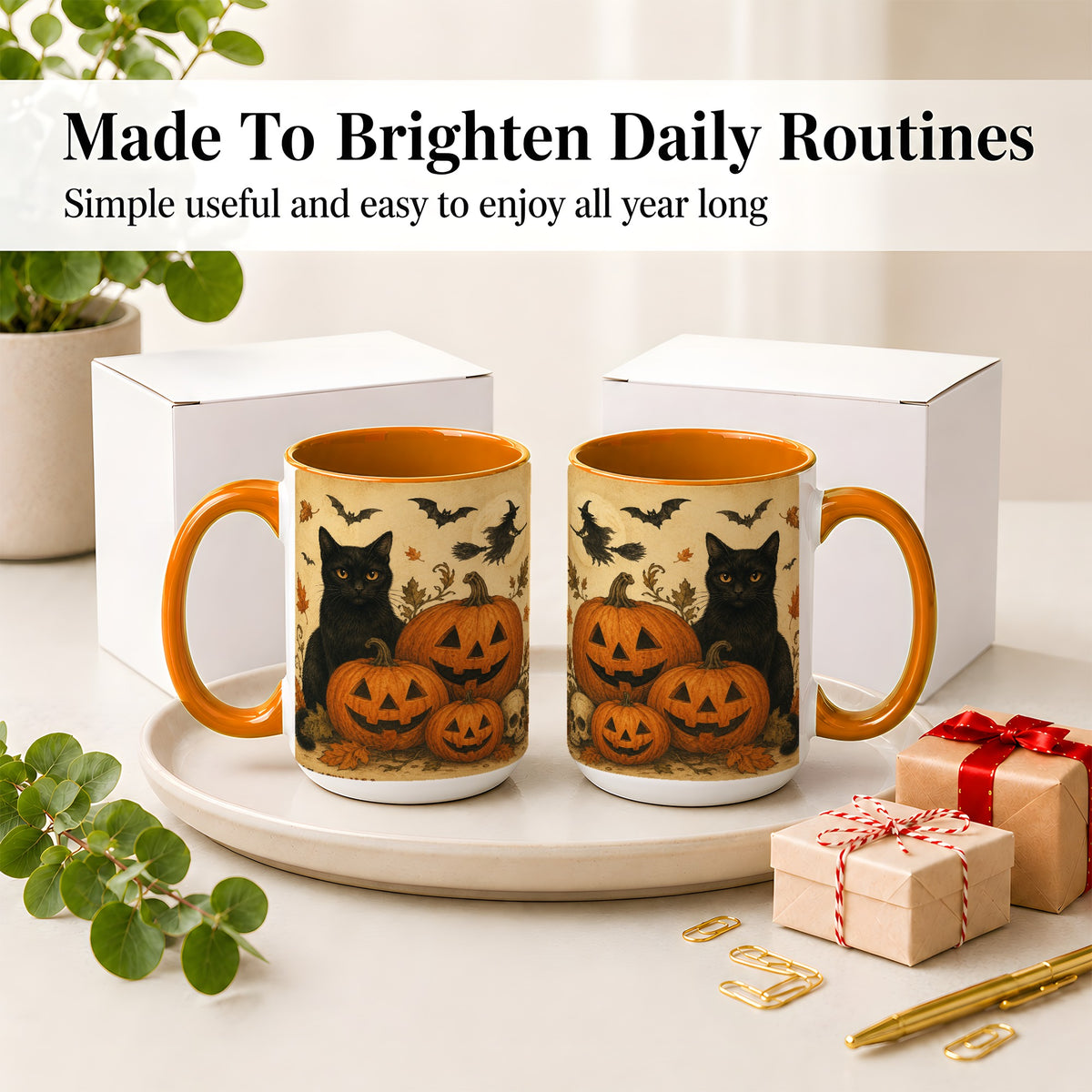 #pl[15oz|Orange] Black Cat Pumpkin Ceramic Mug, Vintage Halloween Art for Cat Lovers