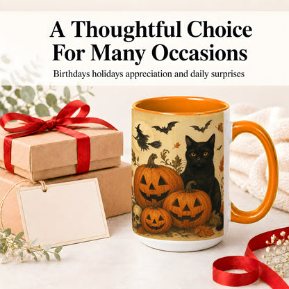 #pl[15oz|Orange] Black Cat Pumpkin Ceramic Mug, Vintage Halloween Art for Cat Lovers