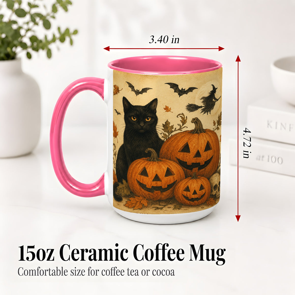 #pl[15oz|Pink] Black Cat Pumpkin Ceramic Mug, Vintage Halloween Art for Cat Lovers