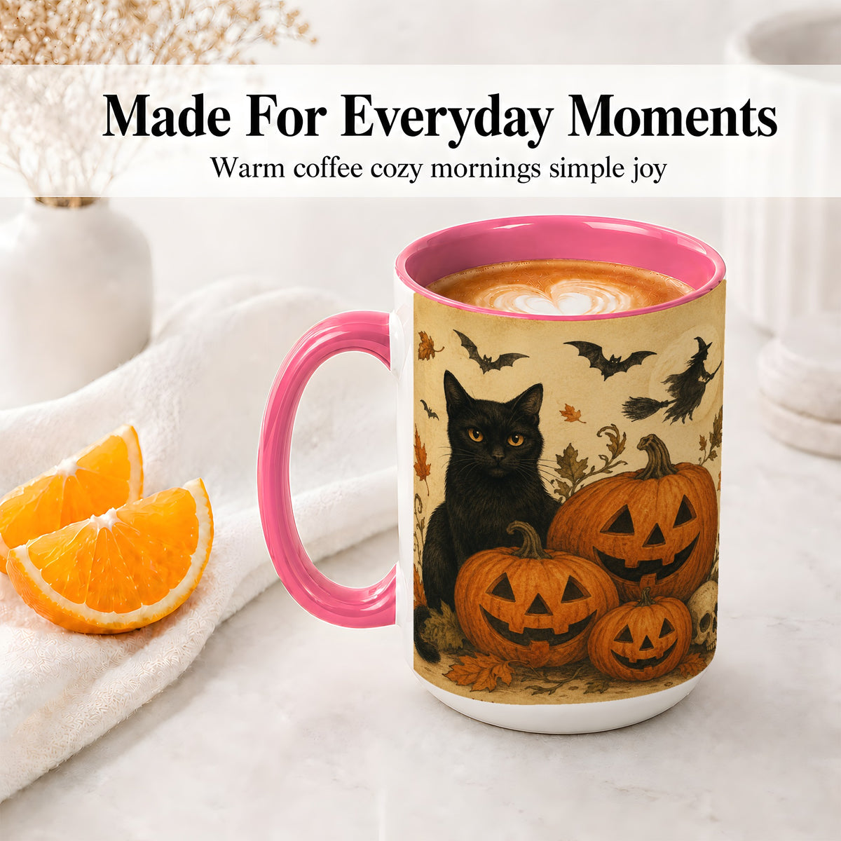 #pl[15oz|Pink] Black Cat Pumpkin Ceramic Mug, Vintage Halloween Art for Cat Lovers