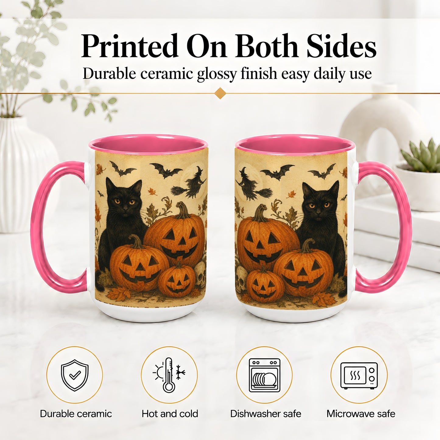 #pl[15oz|Pink] Black Cat Pumpkin Ceramic Mug, Vintage Halloween Art for Cat Lovers