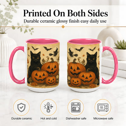 #pl[15oz|Pink] Black Cat Pumpkin Ceramic Mug, Vintage Halloween Art for Cat Lovers
