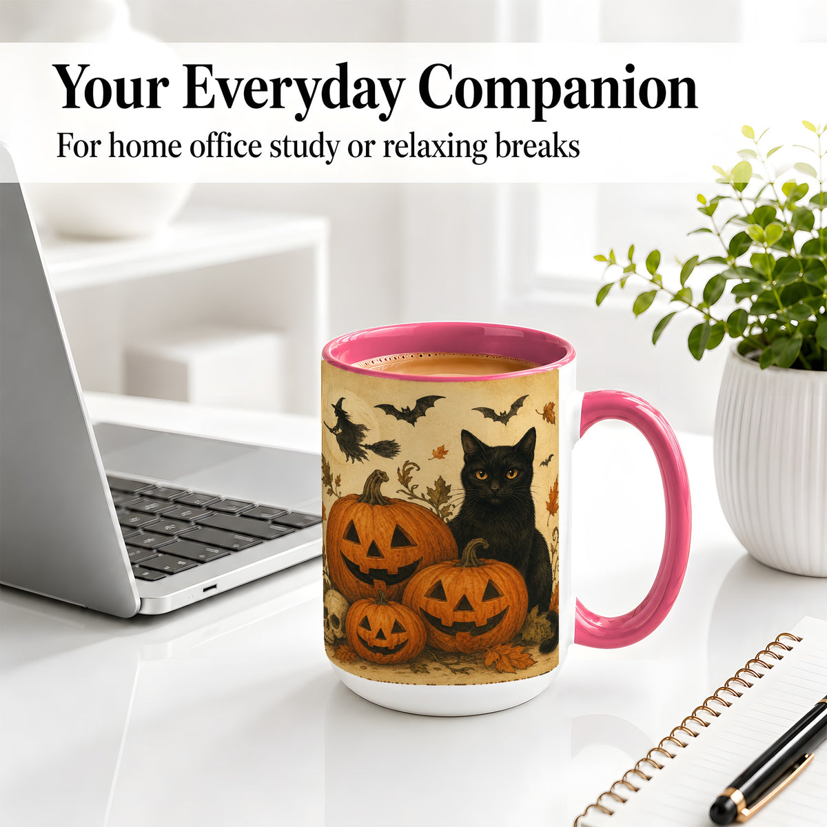 #pl[15oz|Pink] Black Cat Pumpkin Ceramic Mug, Vintage Halloween Art for Cat Lovers