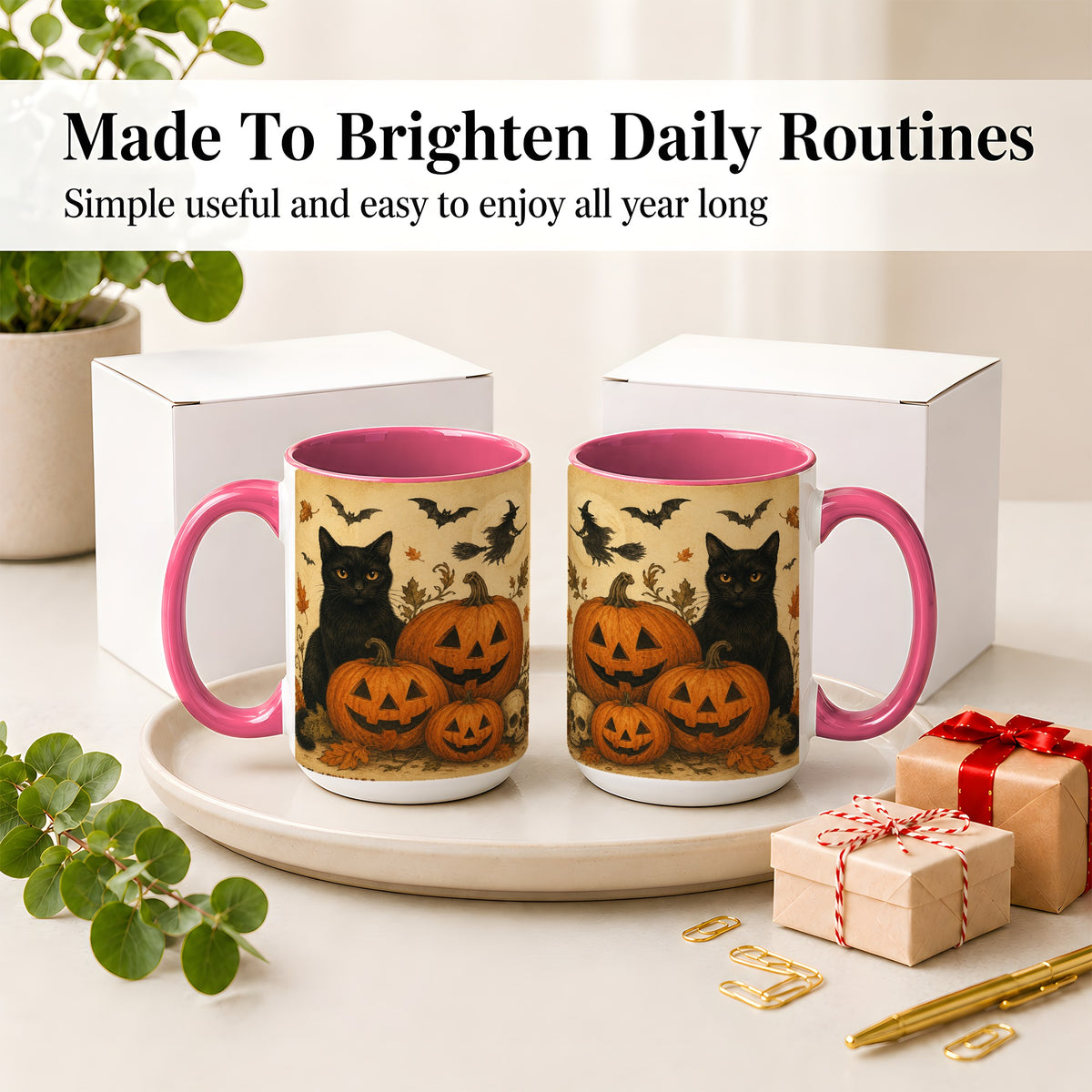 #pl[15oz|Pink] Black Cat Pumpkin Ceramic Mug, Vintage Halloween Art for Cat Lovers