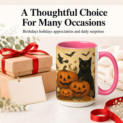 #pl[15oz|Pink] Black Cat Pumpkin Ceramic Mug, Vintage Halloween Art for Cat Lovers