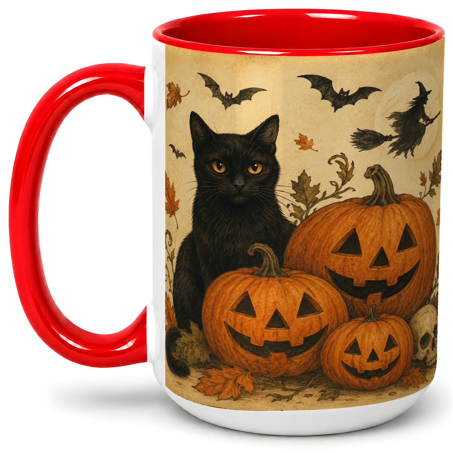 #pl[15oz|Red] Black Cat Pumpkin Ceramic Mug, Vintage Halloween Art for Cat Lovers