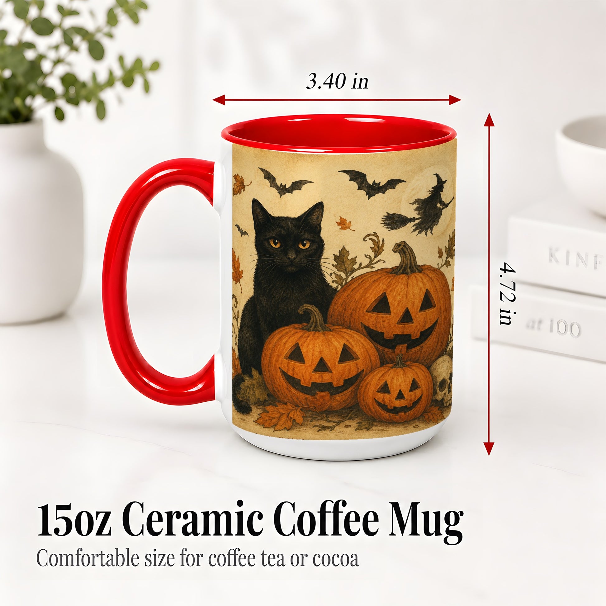 #pl[15oz|Red] Black Cat Pumpkin Ceramic Mug, Vintage Halloween Art for Cat Lovers