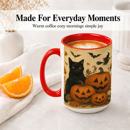 #pl[15oz|Red] Black Cat Pumpkin Ceramic Mug, Vintage Halloween Art for Cat Lovers