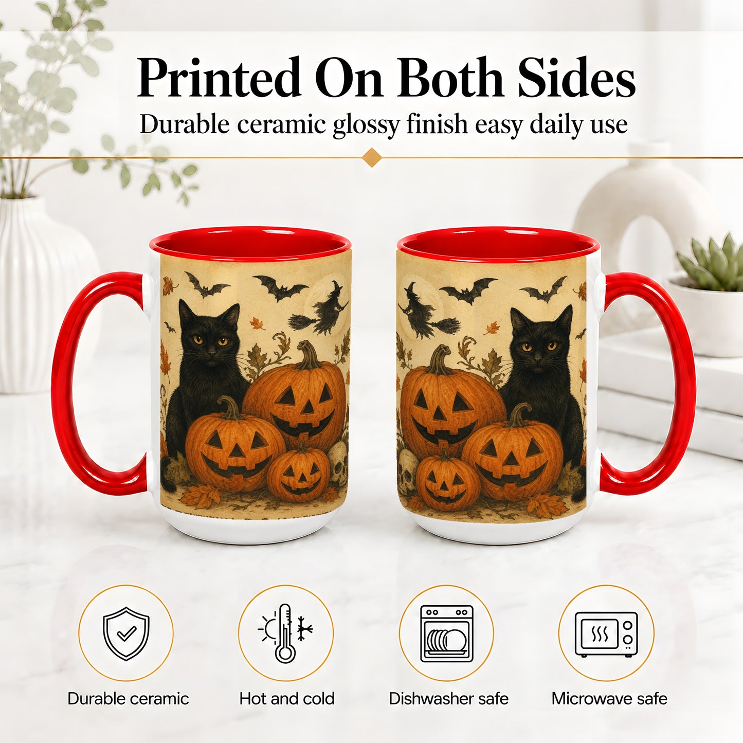 #pl[15oz|Red] Black Cat Pumpkin Ceramic Mug, Vintage Halloween Art for Cat Lovers