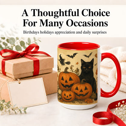 #pl[15oz|Red] Black Cat Pumpkin Ceramic Mug, Vintage Halloween Art for Cat Lovers