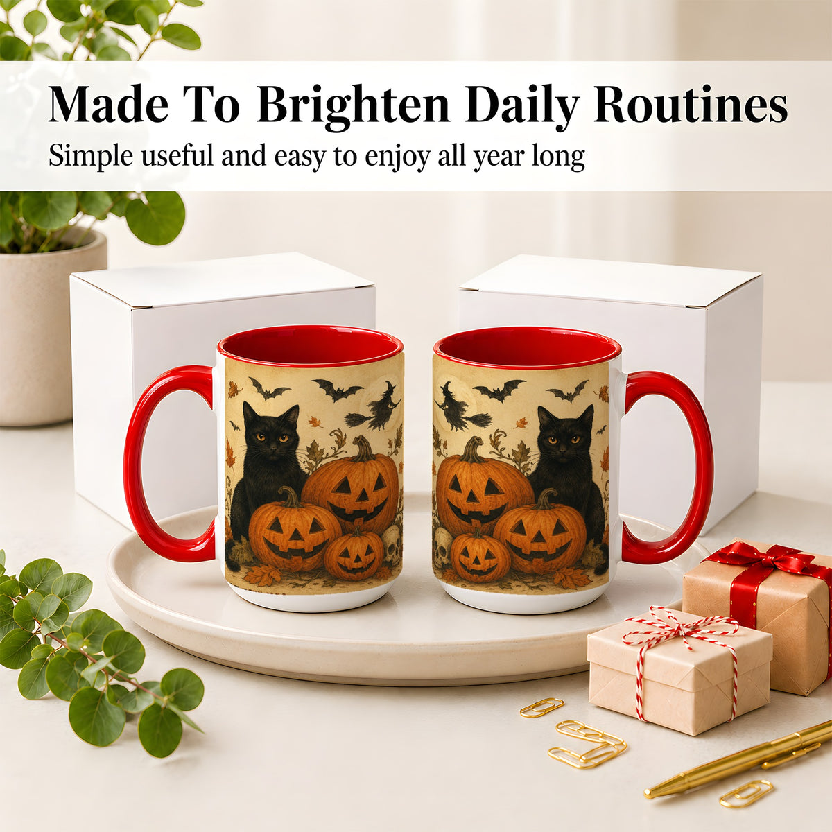 #pl[15oz|Red] Black Cat Pumpkin Ceramic Mug, Vintage Halloween Art for Cat Lovers