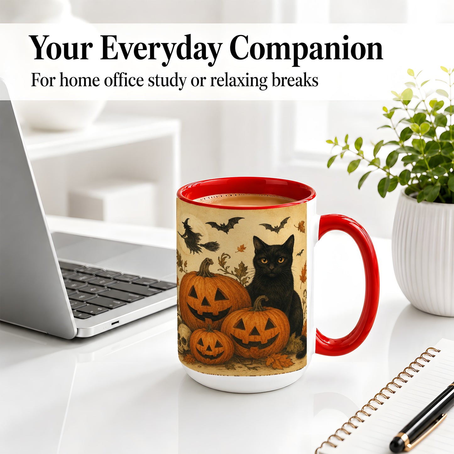 #pl[15oz|Red] Black Cat Pumpkin Ceramic Mug, Vintage Halloween Art for Cat Lovers
