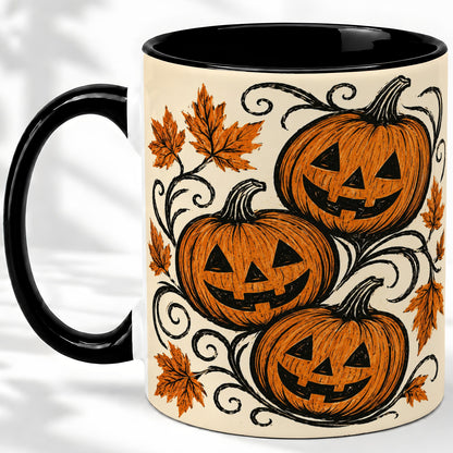 #pl[11oz|Black] Jack O Lantern Trio Ceramic Mug, Vintage Pumpkin Halloween Art