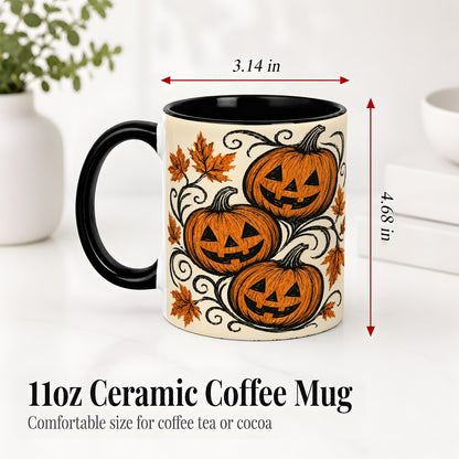 #pl[11oz|Black] Jack O Lantern Trio Ceramic Mug, Vintage Pumpkin Halloween Art