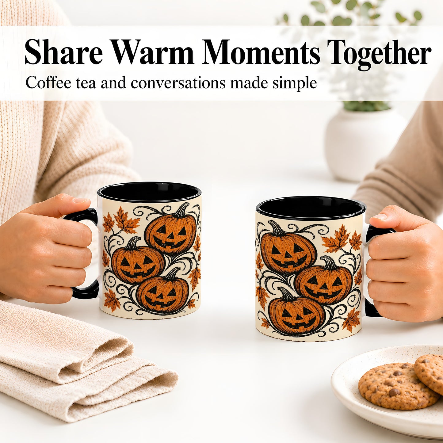 #pl[11oz|Black] Jack O Lantern Trio Ceramic Mug, Vintage Pumpkin Halloween Art