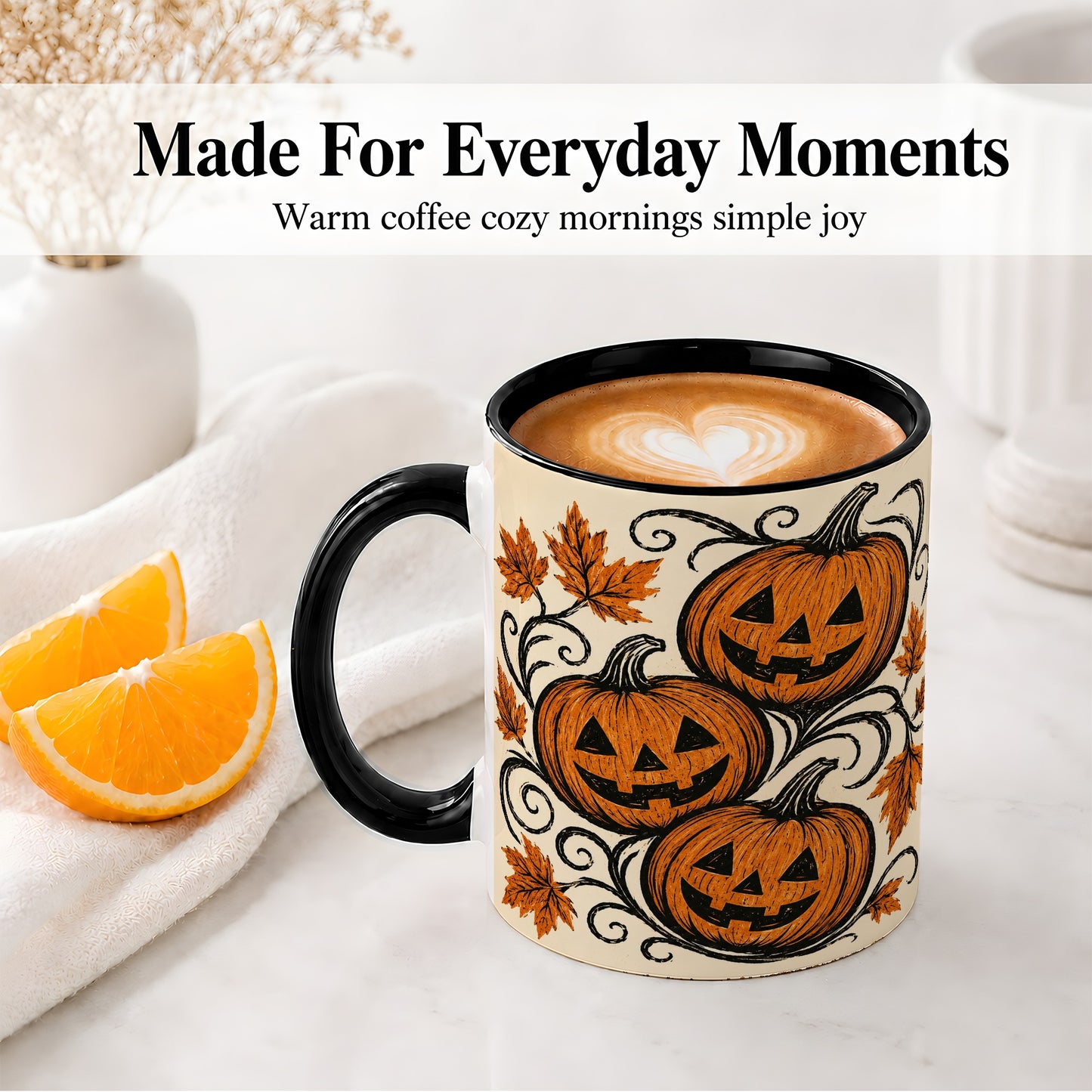 #pl[11oz|Black] Jack O Lantern Trio Ceramic Mug, Vintage Pumpkin Halloween Art