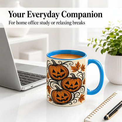 #pl[11oz|Blue] Jack O Lantern Trio Ceramic Mug, Vintage Pumpkin Halloween Art