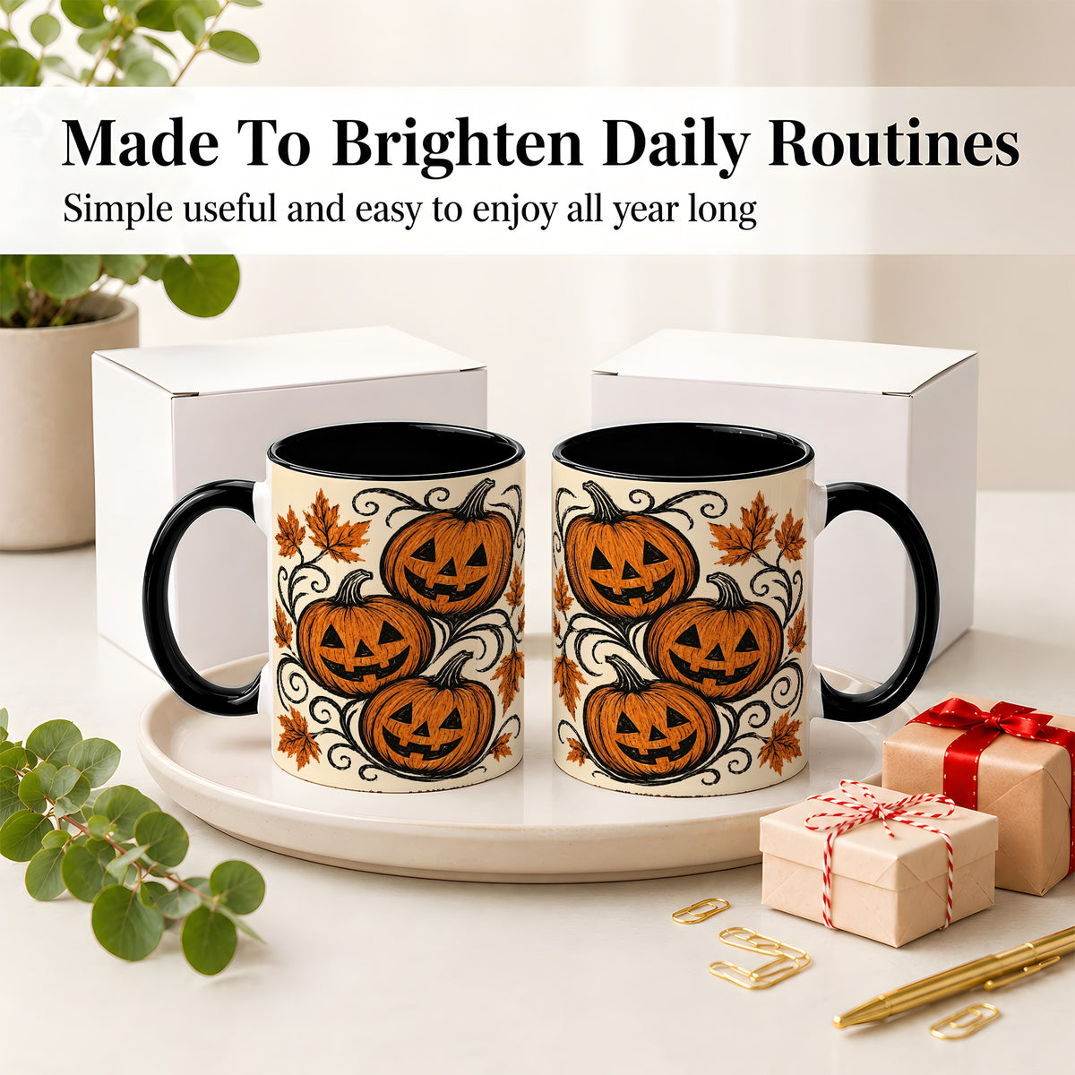 #pl[11oz|Black] Jack O Lantern Trio Ceramic Mug, Vintage Pumpkin Halloween Art