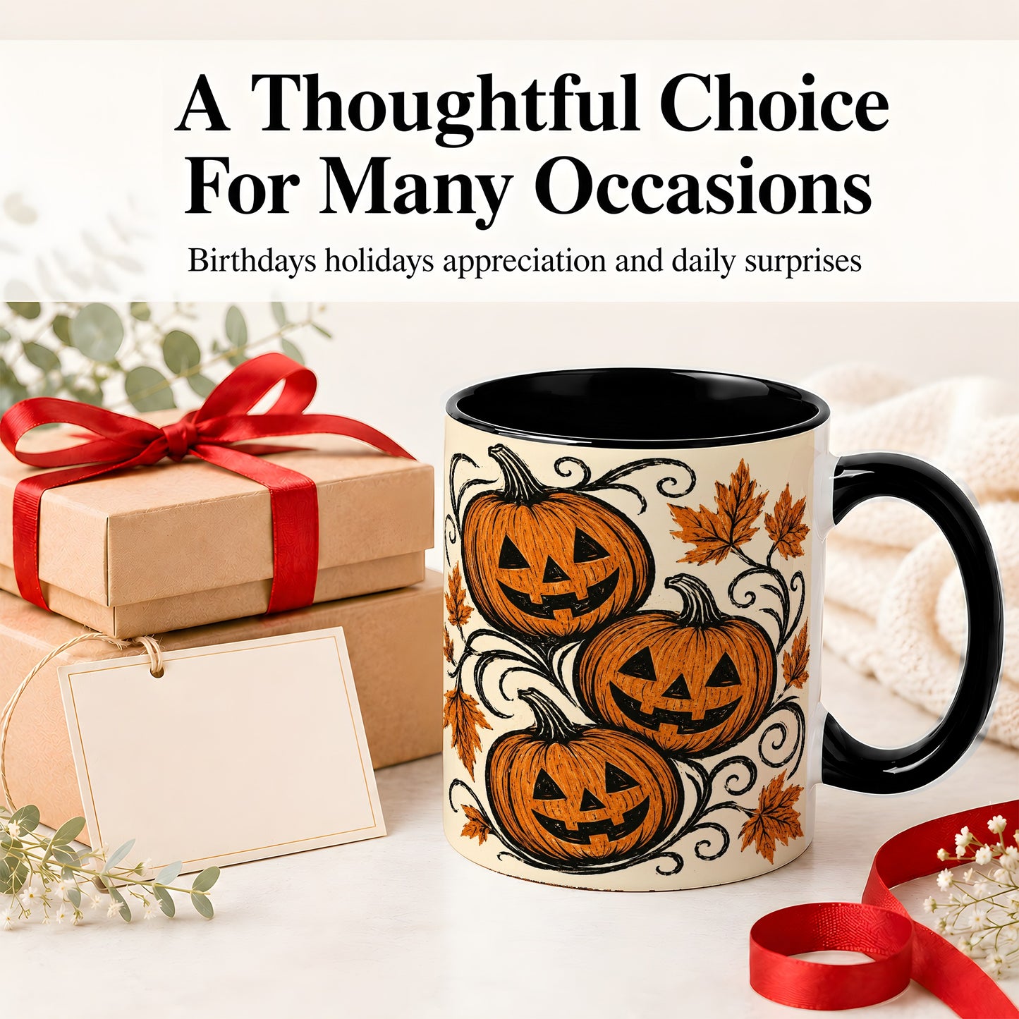 #pl[11oz|Black] Jack O Lantern Trio Ceramic Mug, Vintage Pumpkin Halloween Art