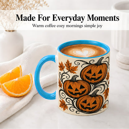 #pl[11oz|Blue] Jack O Lantern Trio Ceramic Mug, Vintage Pumpkin Halloween Art