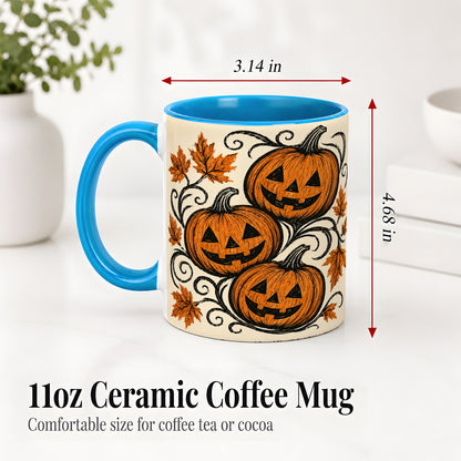 #pl[11oz|Blue] Jack O Lantern Trio Ceramic Mug, Vintage Pumpkin Halloween Art