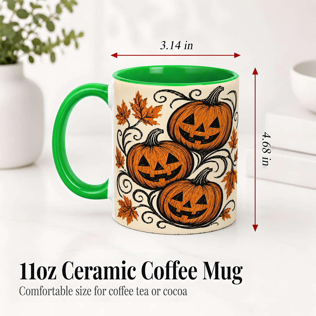 #pl[11oz|Green] Jack O Lantern Trio Ceramic Mug, Vintage Pumpkin Halloween Art
