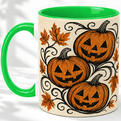 #pl[11oz|Green] Jack O Lantern Trio Ceramic Mug, Vintage Pumpkin Halloween Art