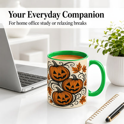 #pl[11oz|Green] Jack O Lantern Trio Ceramic Mug, Vintage Pumpkin Halloween Art