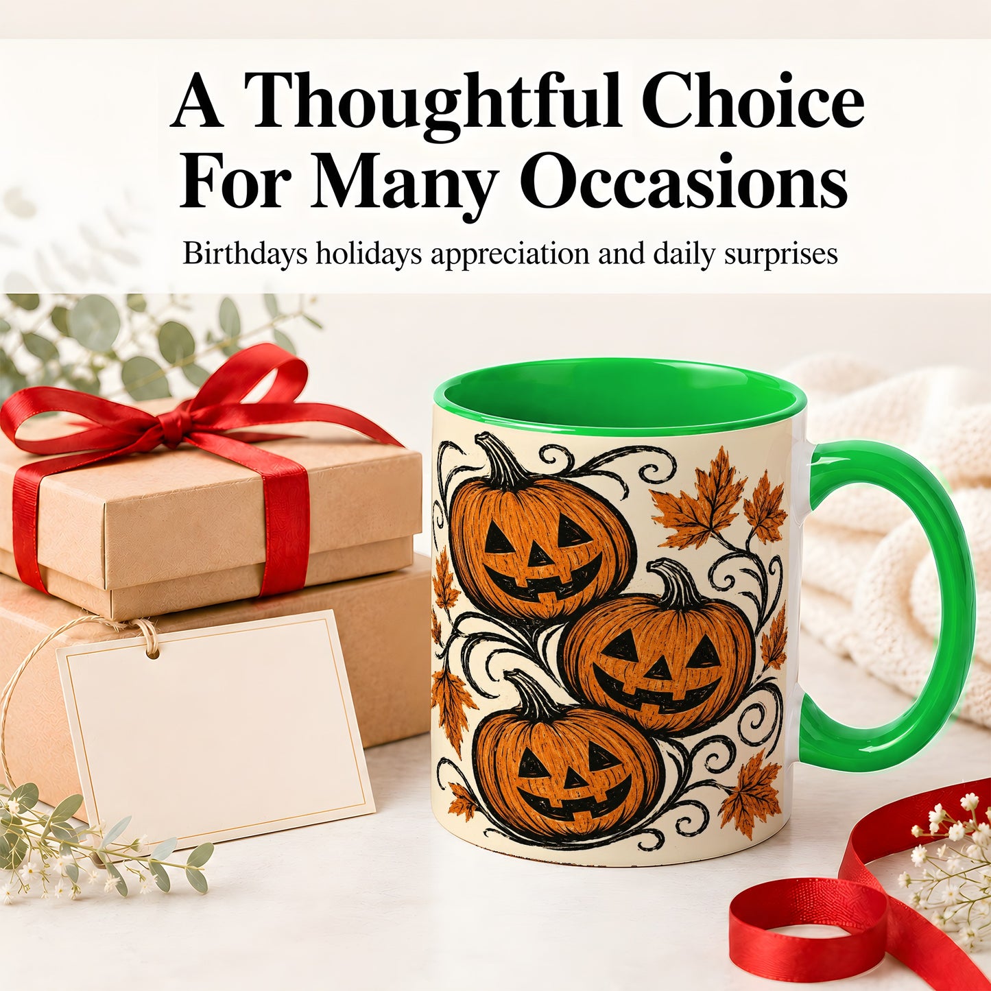 #pl[11oz|Green] Jack O Lantern Trio Ceramic Mug, Vintage Pumpkin Halloween Art