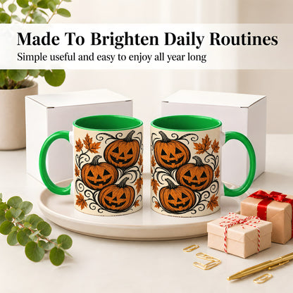 #pl[11oz|Green] Jack O Lantern Trio Ceramic Mug, Vintage Pumpkin Halloween Art