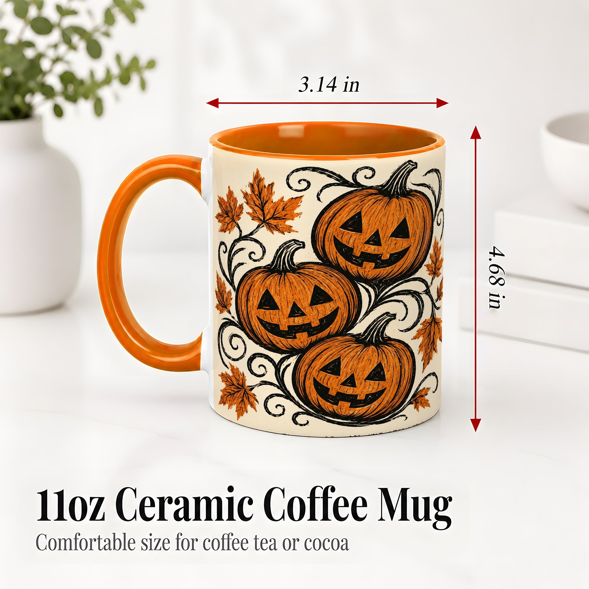 #pl[11oz|Orange] Jack O Lantern Trio Ceramic Mug, Vintage Pumpkin Halloween Art