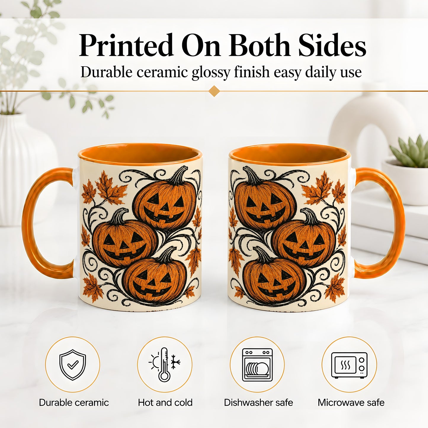 #pl[11oz|Orange] Jack O Lantern Trio Ceramic Mug, Vintage Pumpkin Halloween Art