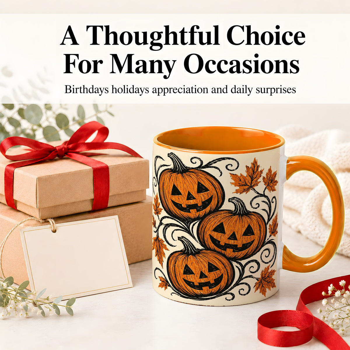 #pl[11oz|Orange] Jack O Lantern Trio Ceramic Mug, Vintage Pumpkin Halloween Art