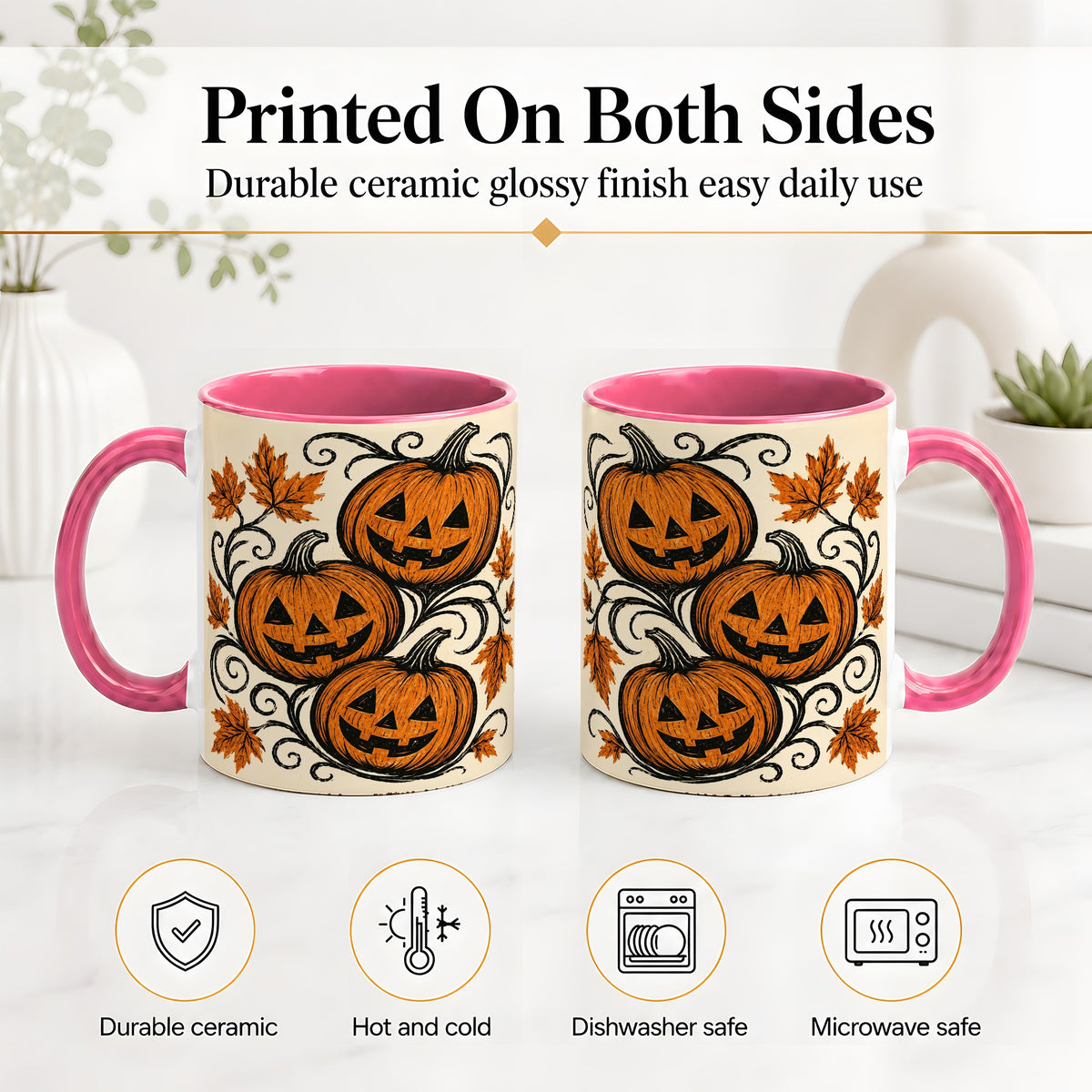 #pl[11oz|Pink] Jack O Lantern Trio Ceramic Mug, Vintage Pumpkin Halloween Art