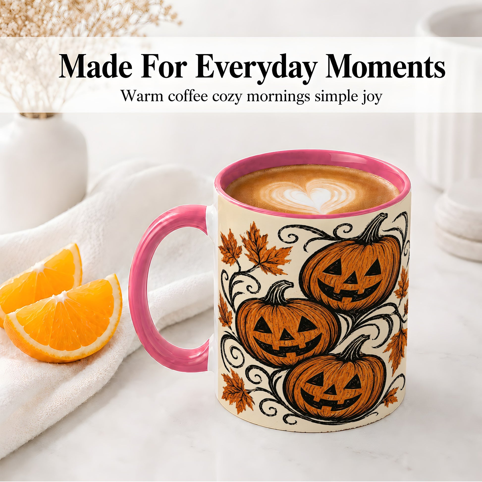 #pl[11oz|Pink] Jack O Lantern Trio Ceramic Mug, Vintage Pumpkin Halloween Art