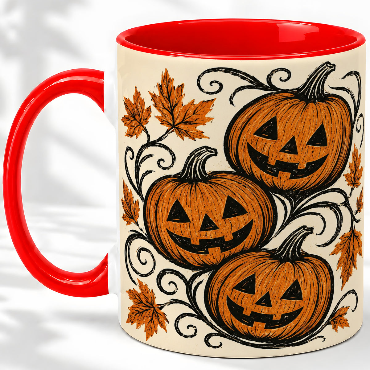 Jack O Lantern Trio Ceramic Mug, Vintage Pumpkin Halloween Art
