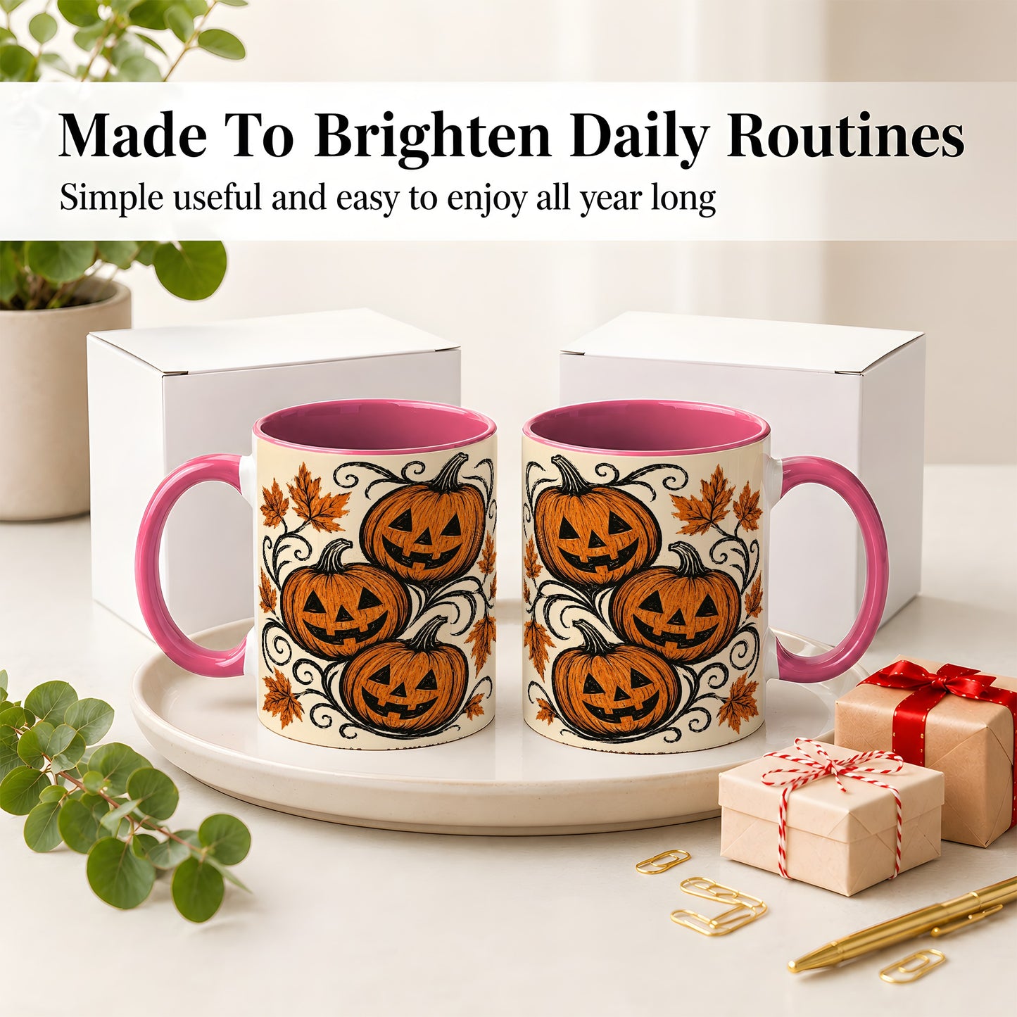 #pl[11oz|Pink] Jack O Lantern Trio Ceramic Mug, Vintage Pumpkin Halloween Art