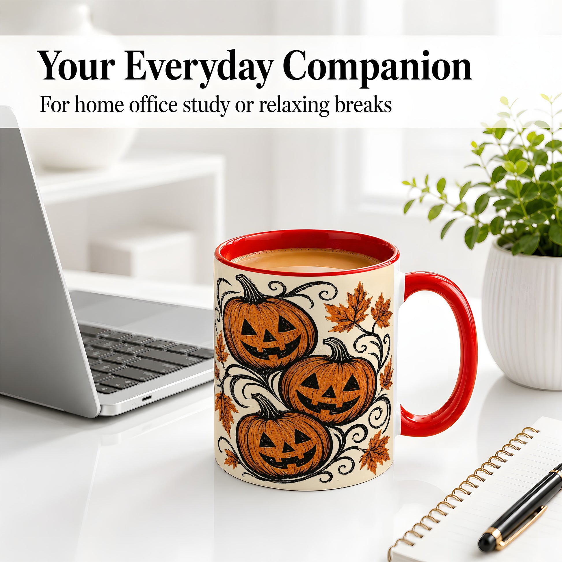 #pl[11oz|Red] Jack O Lantern Trio Ceramic Mug, Vintage Pumpkin Halloween Art