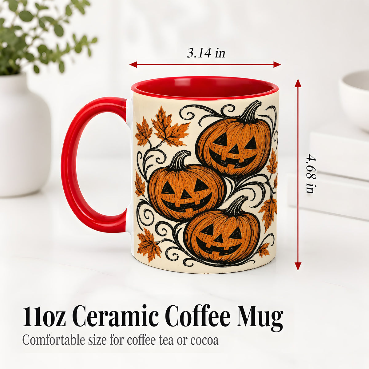 #pl[11oz|Red] Jack O Lantern Trio Ceramic Mug, Vintage Pumpkin Halloween Art