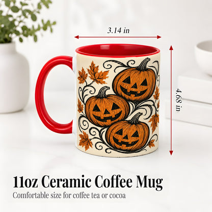 #pl[11oz|Red] Jack O Lantern Trio Ceramic Mug, Vintage Pumpkin Halloween Art