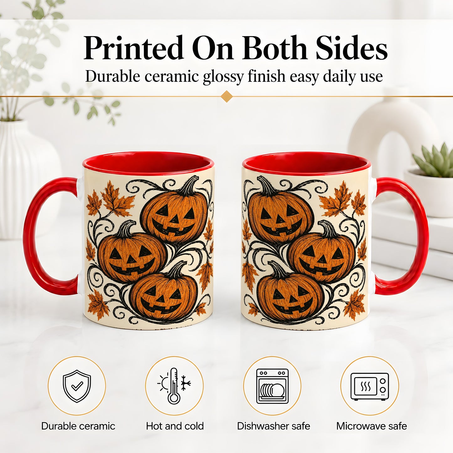 #pl[11oz|Red] Jack O Lantern Trio Ceramic Mug, Vintage Pumpkin Halloween Art