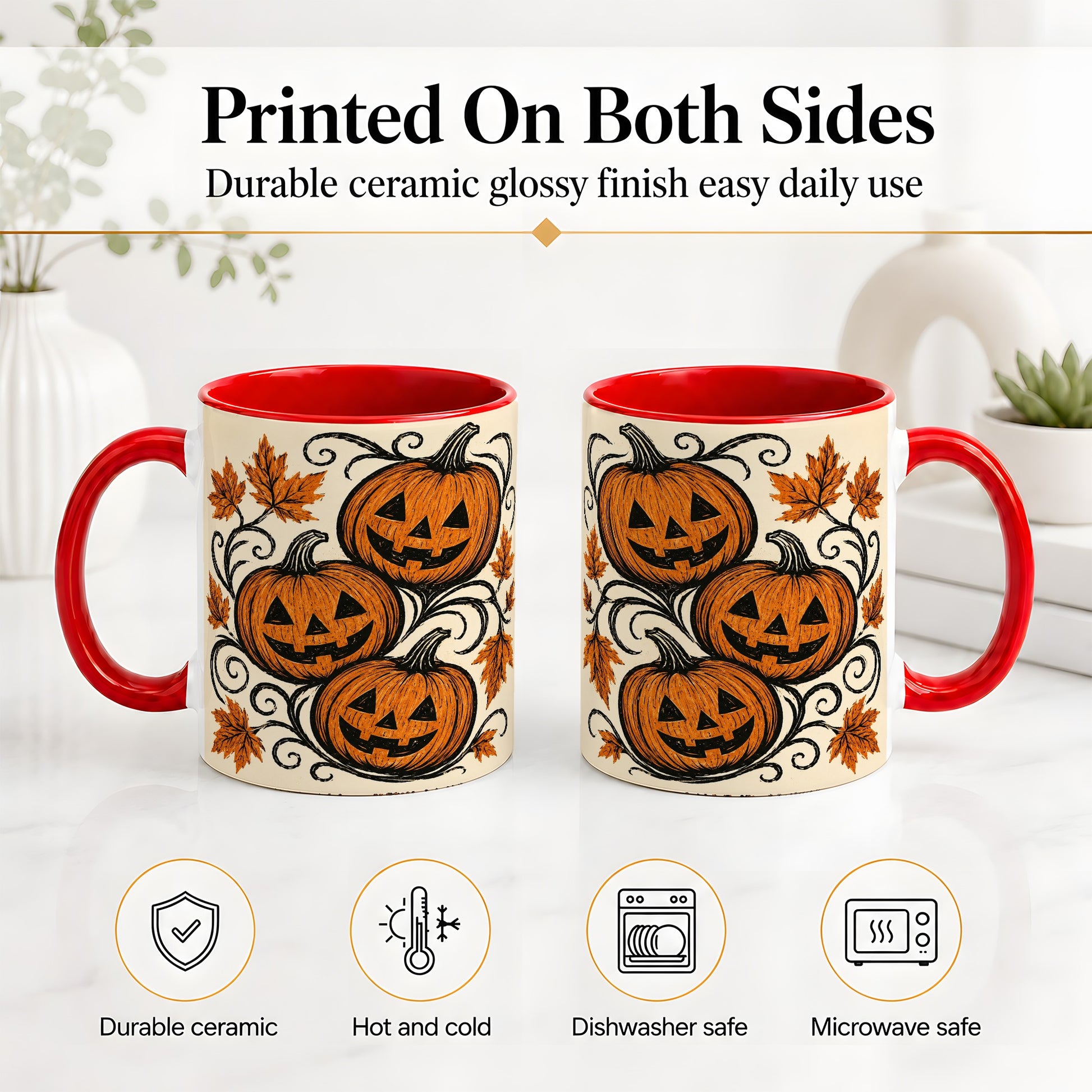 #pl[11oz|Red] Jack O Lantern Trio Ceramic Mug, Vintage Pumpkin Halloween Art