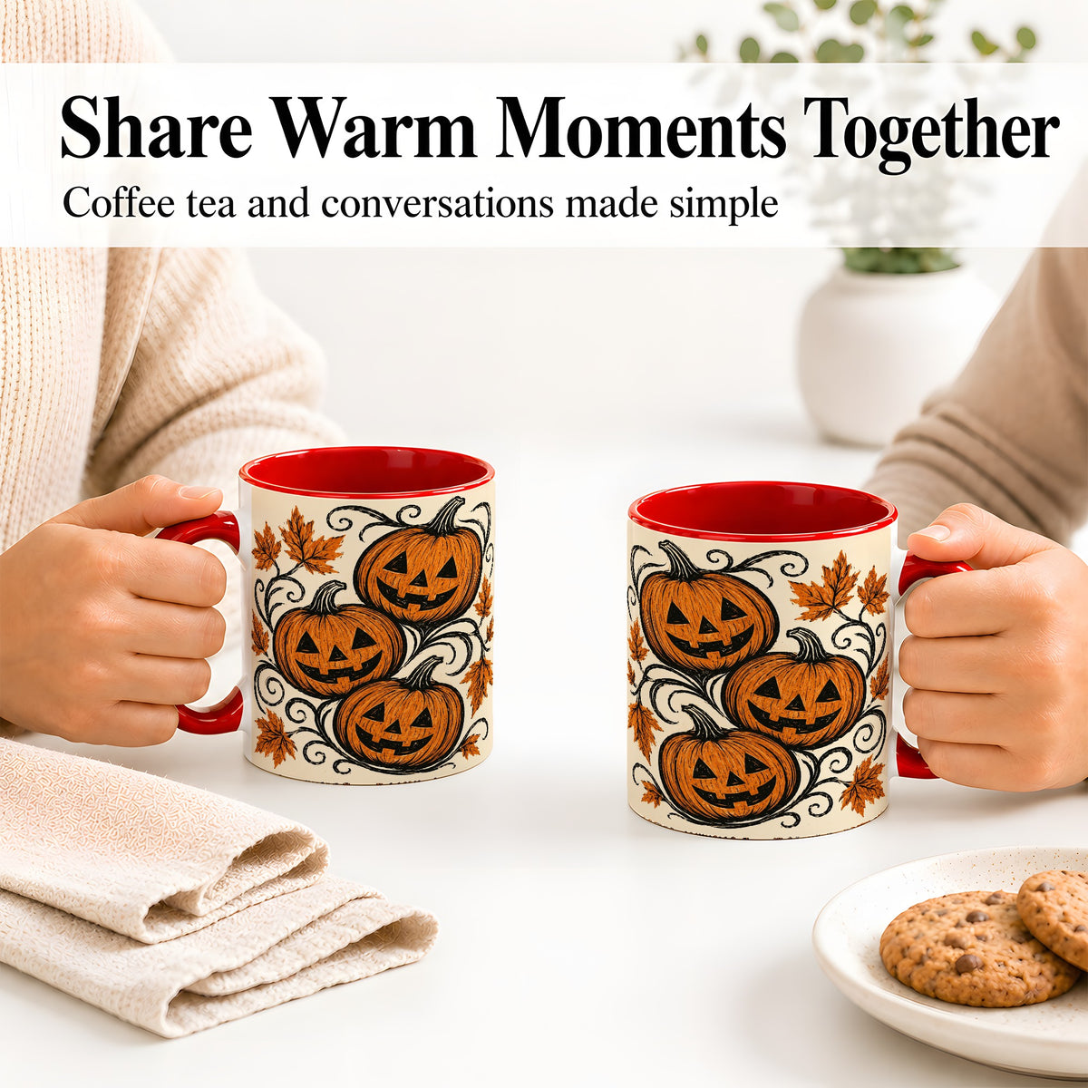 #pl[11oz|Red] Jack O Lantern Trio Ceramic Mug, Vintage Pumpkin Halloween Art