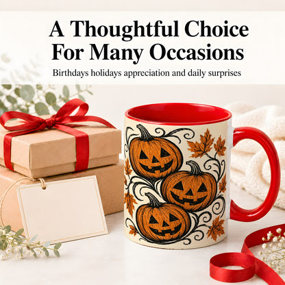 #pl[11oz|Red] Jack O Lantern Trio Ceramic Mug, Vintage Pumpkin Halloween Art