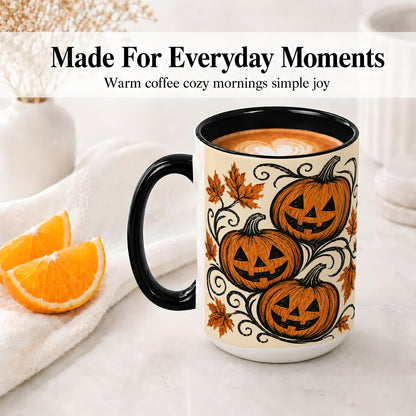 #pl[15oz|Black] Jack O Lantern Trio Ceramic Mug, Vintage Pumpkin Halloween Art