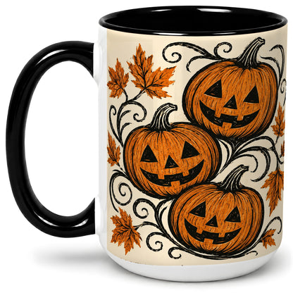 #pl[15oz|Black] Jack O Lantern Trio Ceramic Mug, Vintage Pumpkin Halloween Art