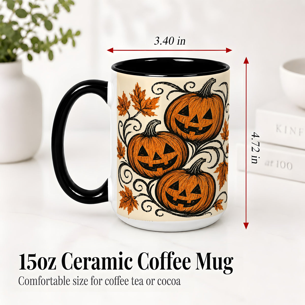 #pl[15oz|Black] Jack O Lantern Trio Ceramic Mug, Vintage Pumpkin Halloween Art