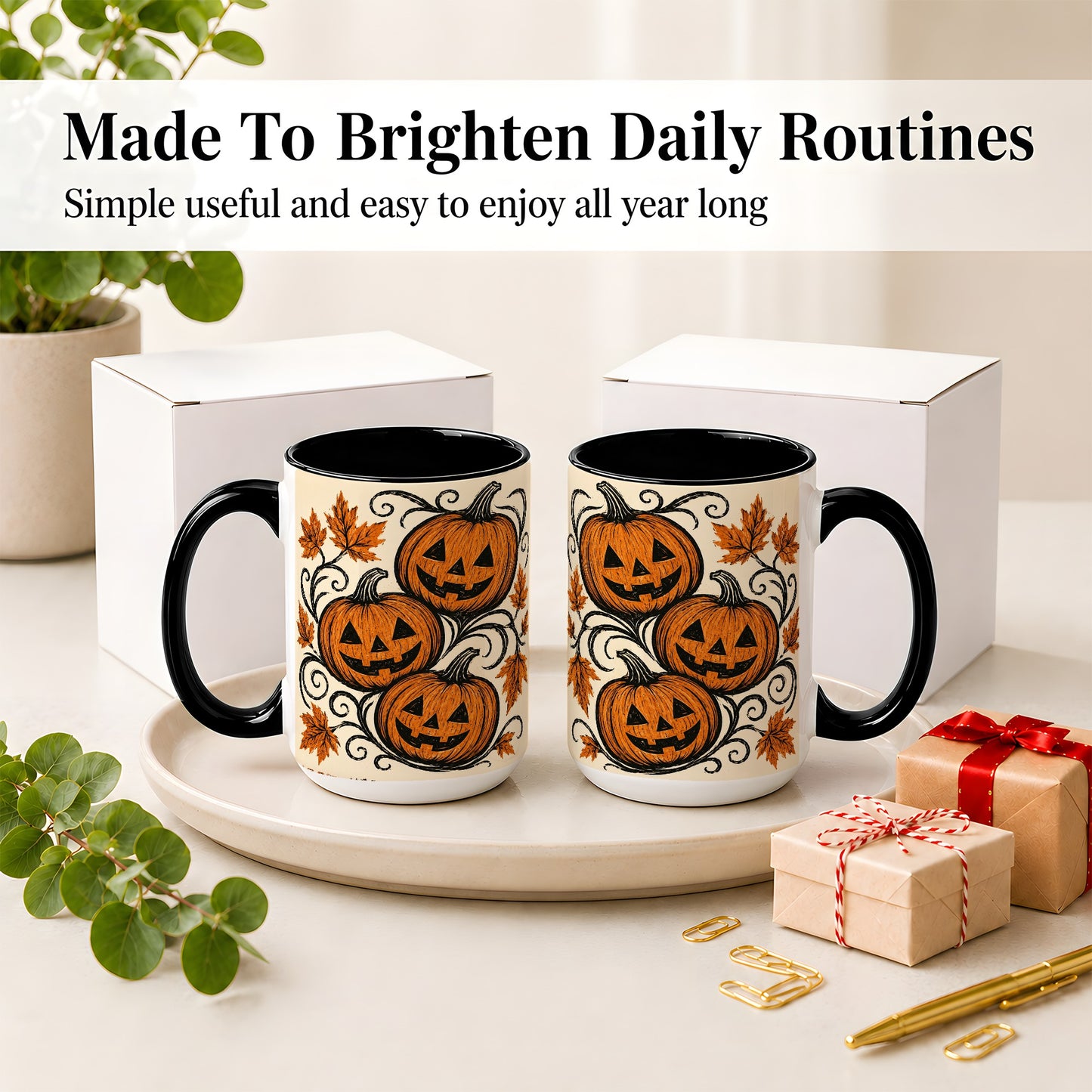 #pl[15oz|Black] Jack O Lantern Trio Ceramic Mug, Vintage Pumpkin Halloween Art