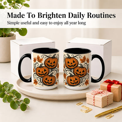 #pl[15oz|Black] Jack O Lantern Trio Ceramic Mug, Vintage Pumpkin Halloween Art