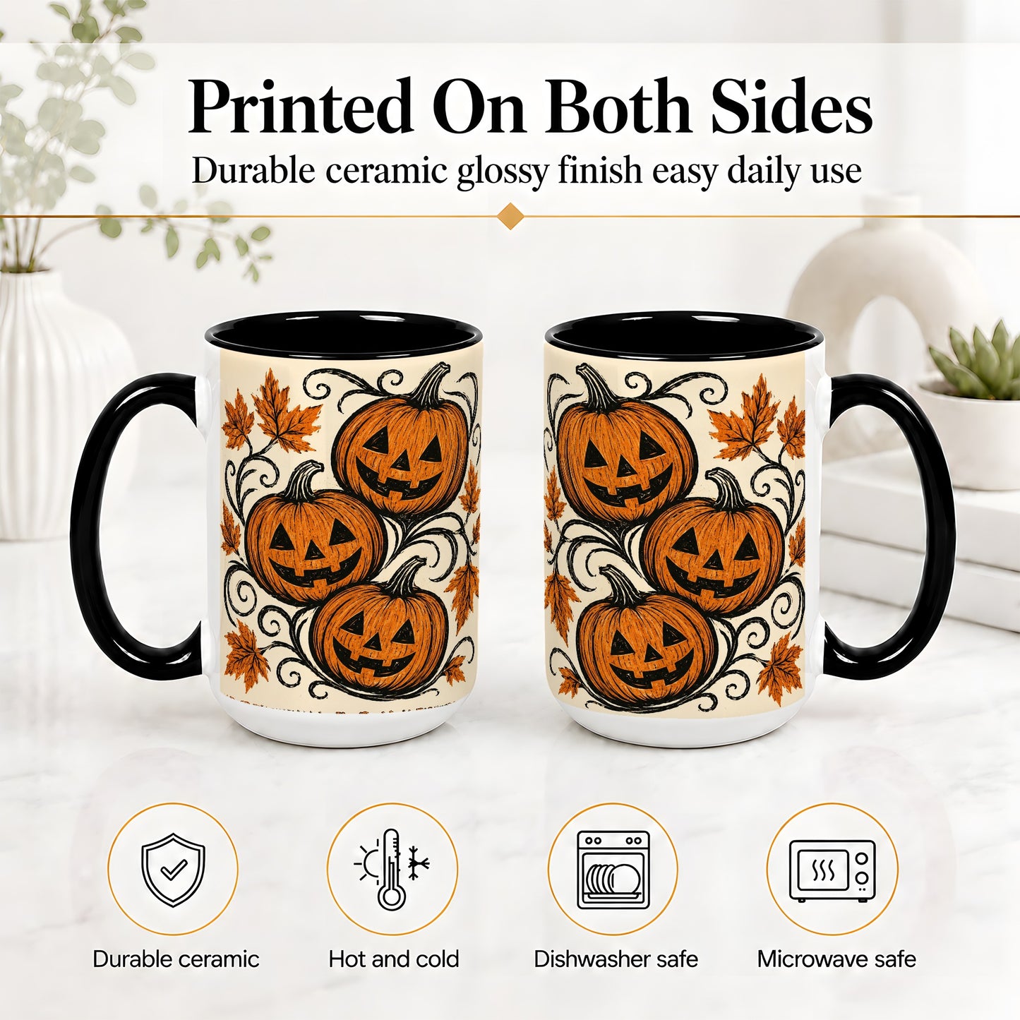 #pl[15oz|Black] Jack O Lantern Trio Ceramic Mug, Vintage Pumpkin Halloween Art